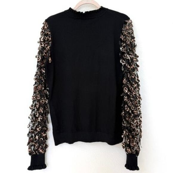 Sioni Milano Black Sweater Leopard Lace Appliqué Sleeve Detail Size L Chic Glam - Picture 5 of 6